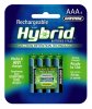 Rayovac Hybrid Rechargeable 4-Pack AAA Includes: � 4 - AAA Hybrid Rechargeable Batteries Get more power for your money! With these Rayovac AAA Hybrid batteries you get the best of both worlds � charged and ready to use like alkalines and powerful like rechargeable batteries! Designed for a long storage life and hold a charge up to 4x longer. 1 Hybrid battery replaces up to 1500 alkaline batteries. Works in any charger and all devices. Bulbster.com only carries products of the highest quality standards, and is happy to offer only Rayovac brand rechargeable Hybrid batteries.